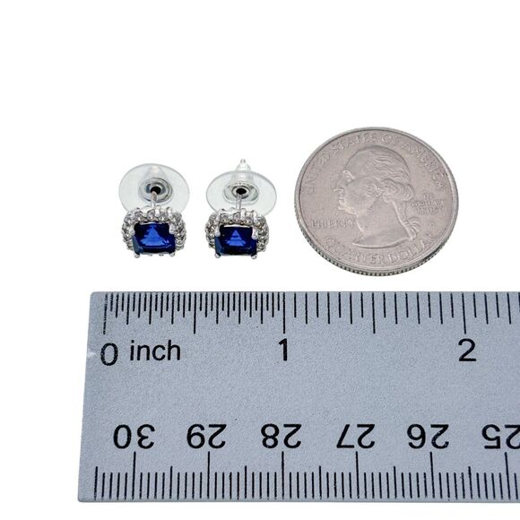 Vintage Sterling Silver 925 Blue Crystal Cubic Zirconia Framed Stud Earrings - Picture 4 of 4